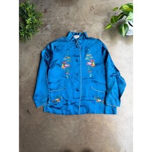 Golden Bee Vintage Embroidered Rayon Top Teal Blue Mandarin Collar Small